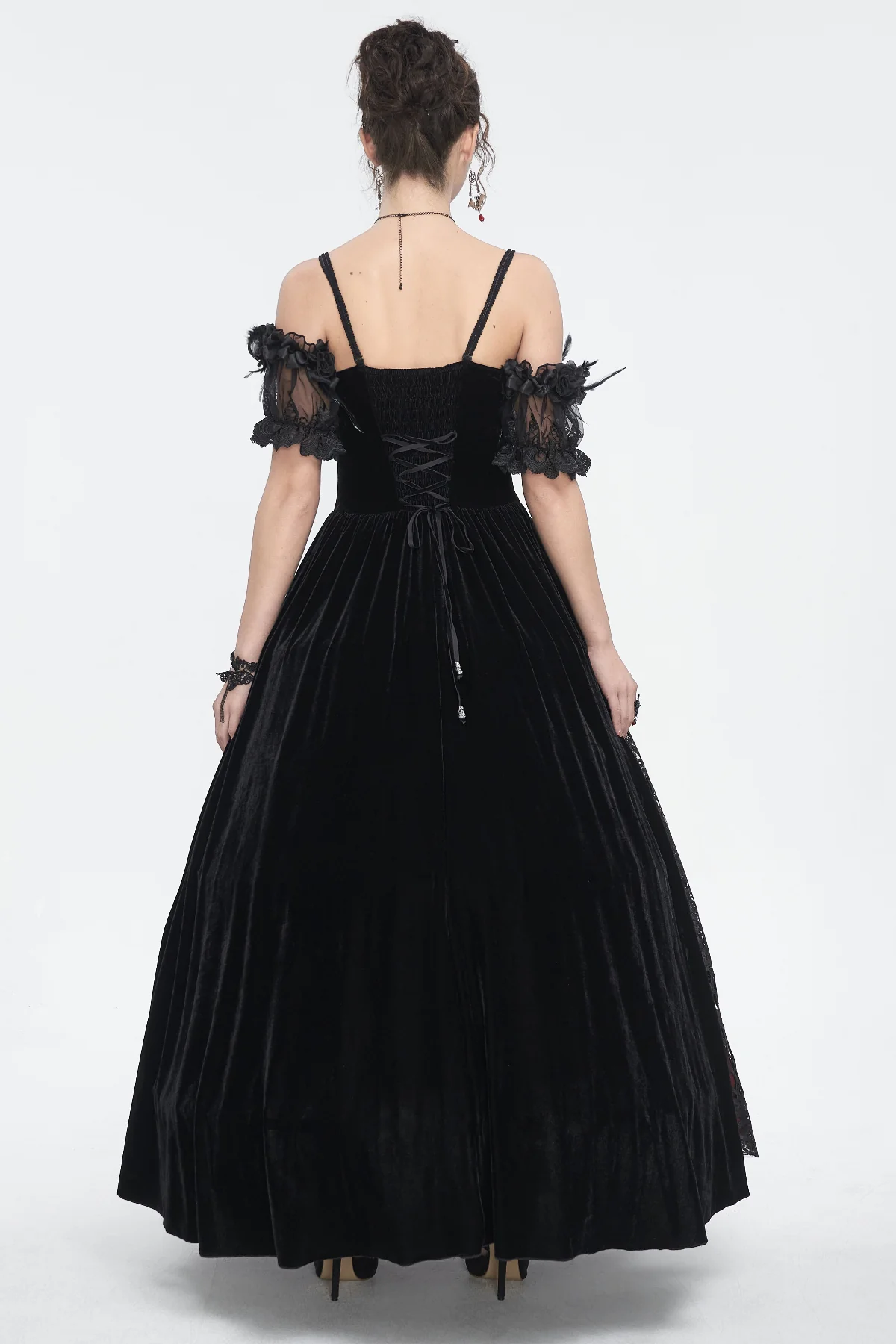 Off-Shoulder Velvet & Lace Maxi Dress in Black & Burgundy - Image 3