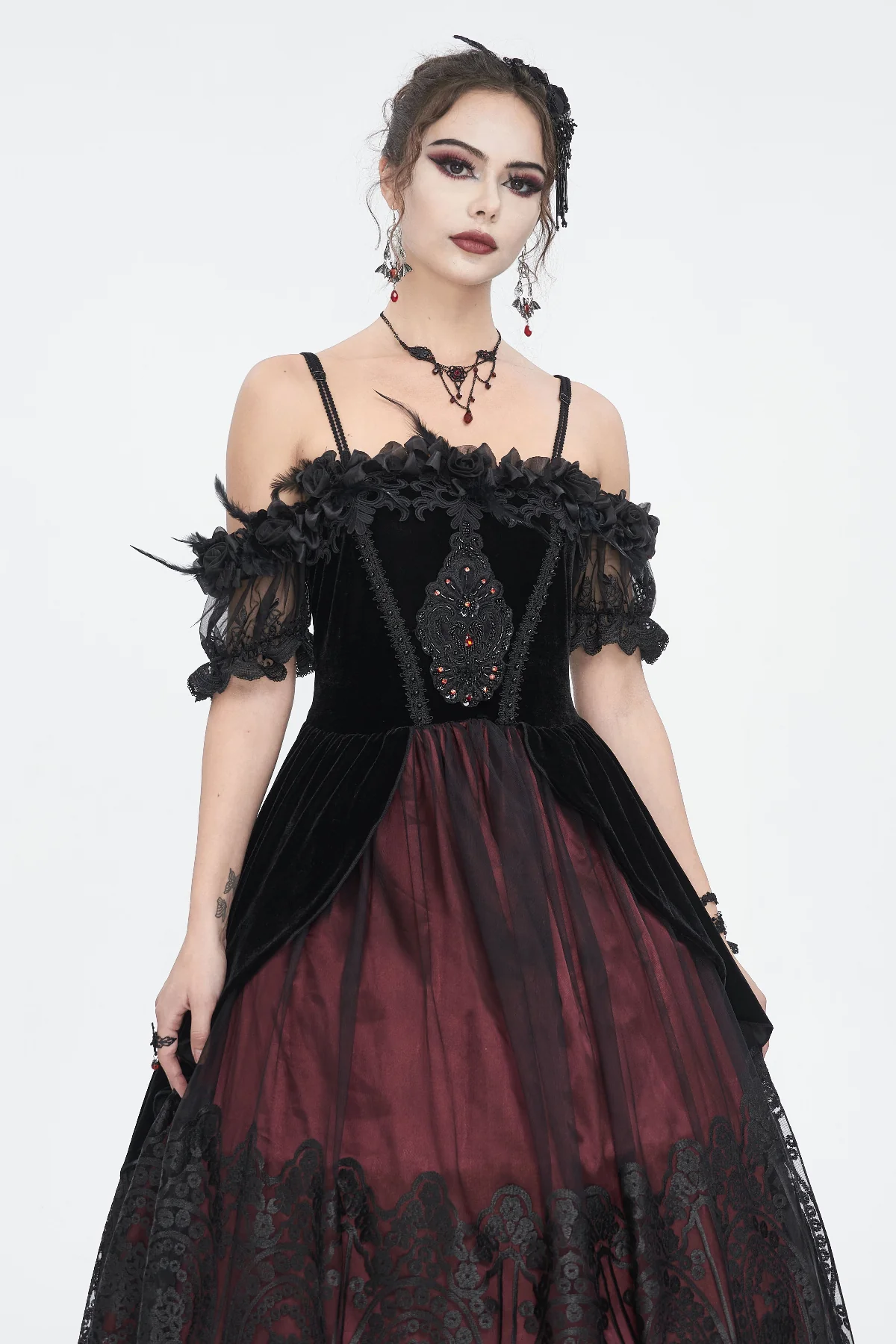 Off-Shoulder Velvet & Lace Maxi Dress in Black & Burgundy - Image 4