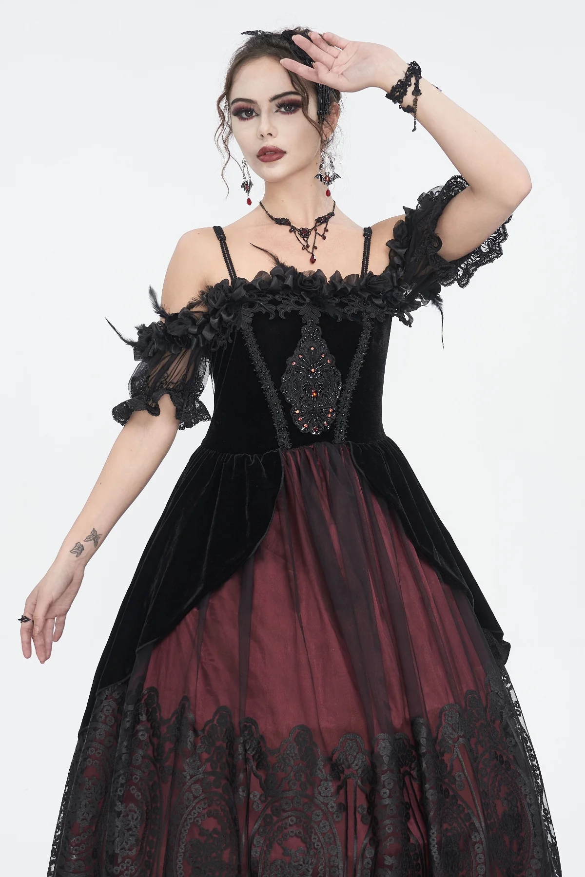 Off-Shoulder Velvet & Lace Maxi Dress in Black & Burgundy - Image 5