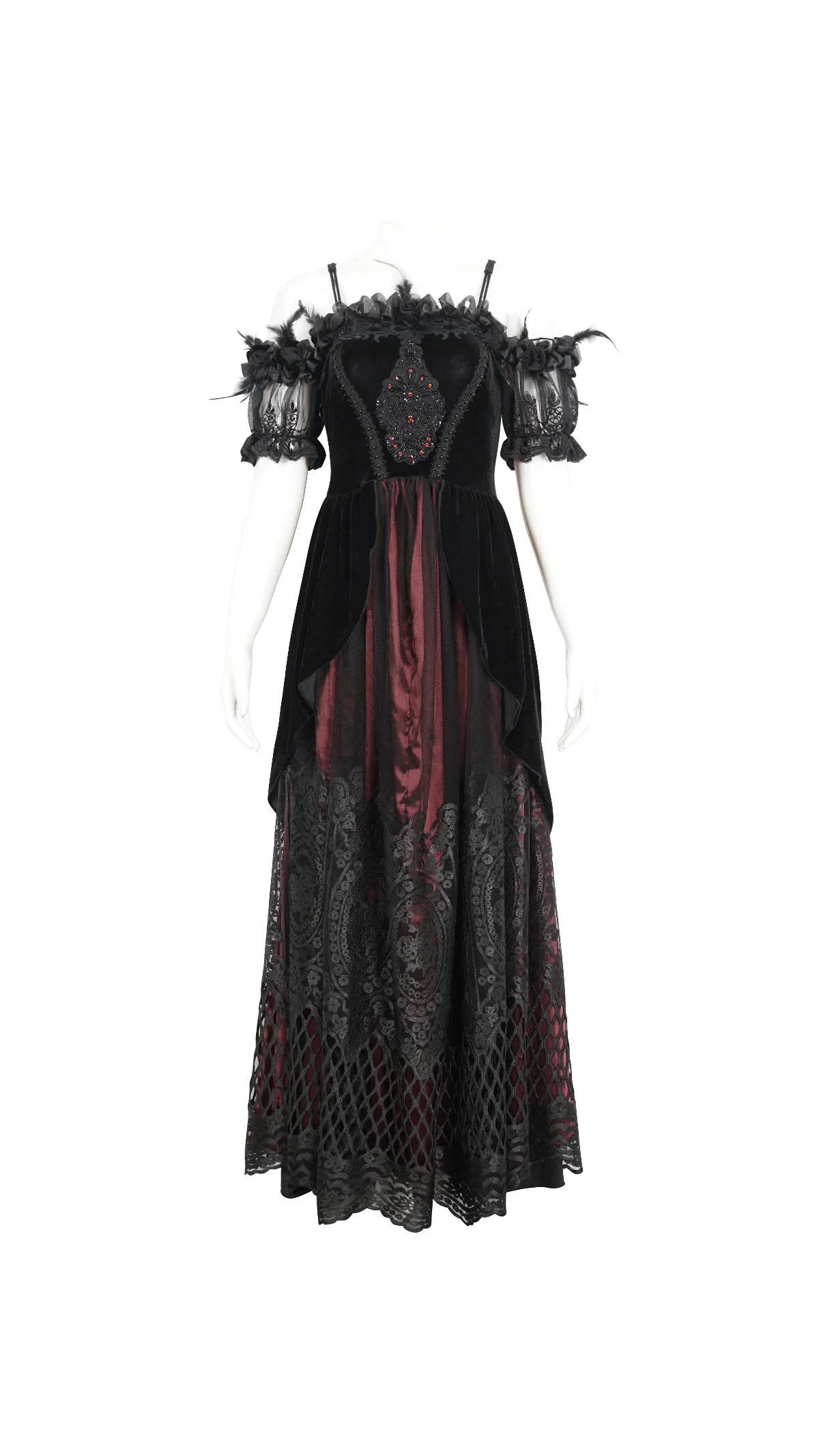 Off-Shoulder Velvet & Lace Maxi Dress in Black & Burgundy - Image 6