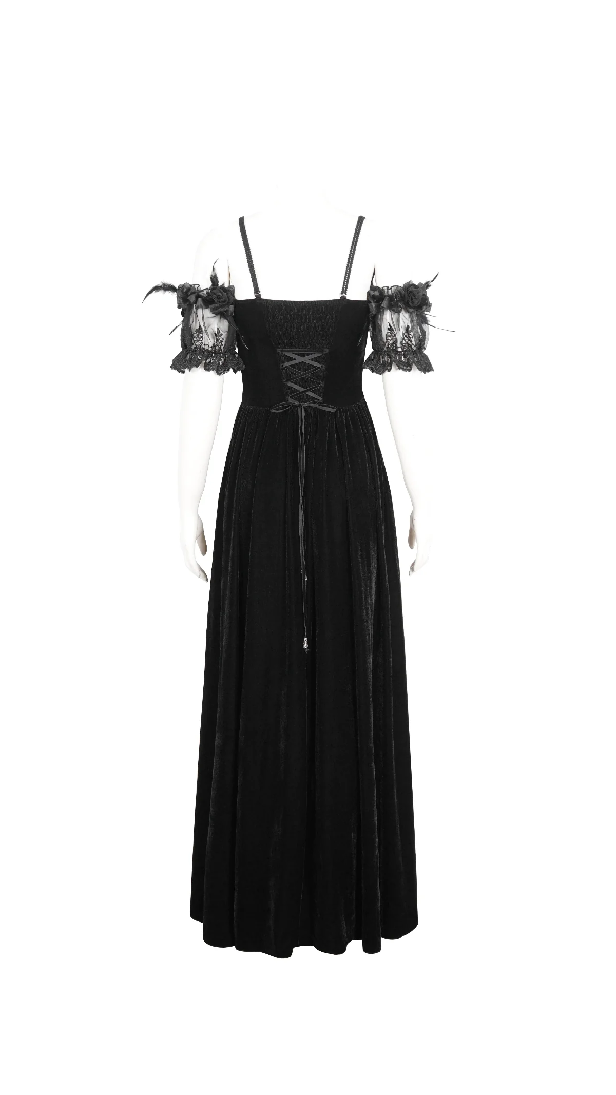 Off-Shoulder Velvet & Lace Maxi Dress in Black & Burgundy - Image 7