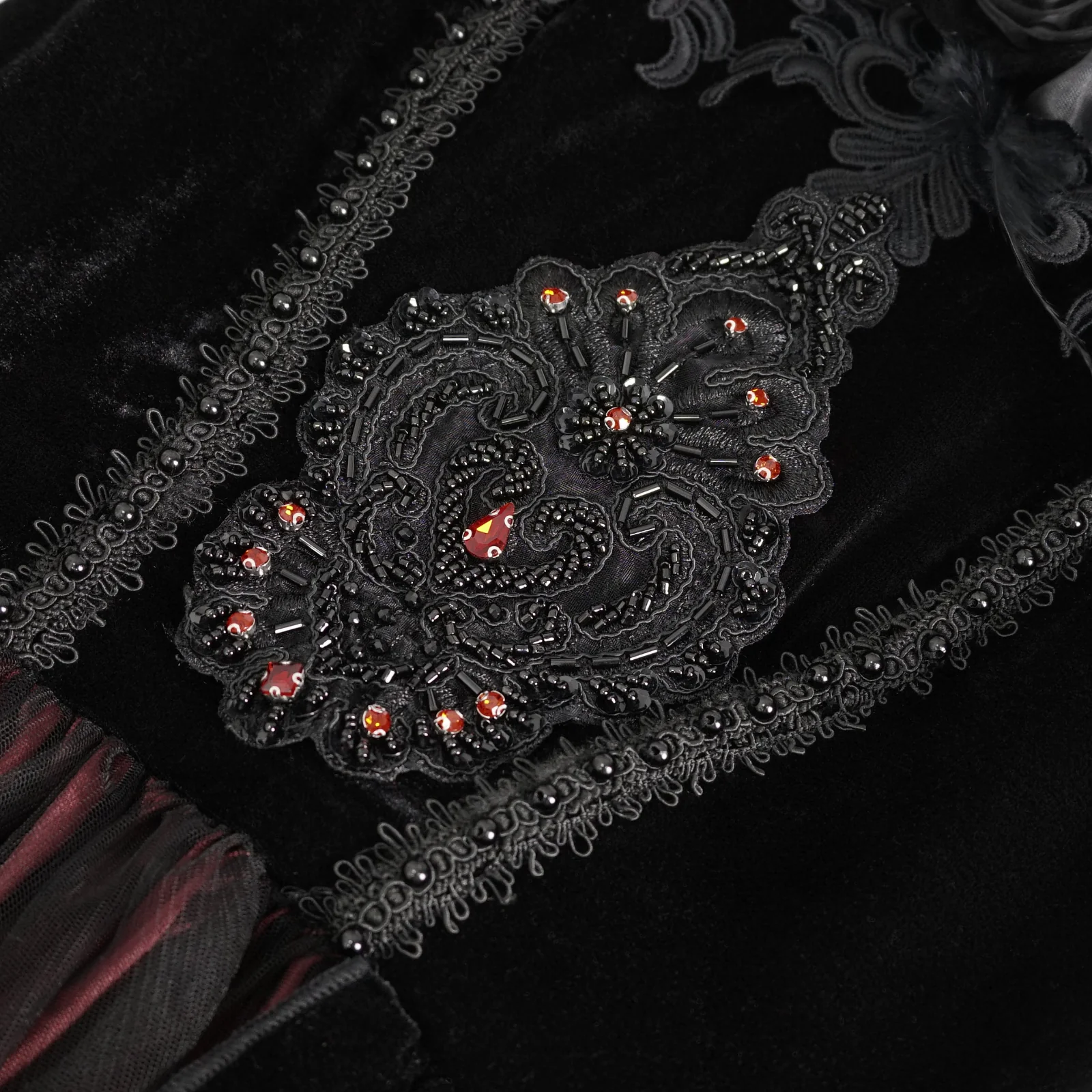 Off-Shoulder Velvet & Lace Maxi Dress in Black & Burgundy - Image 8