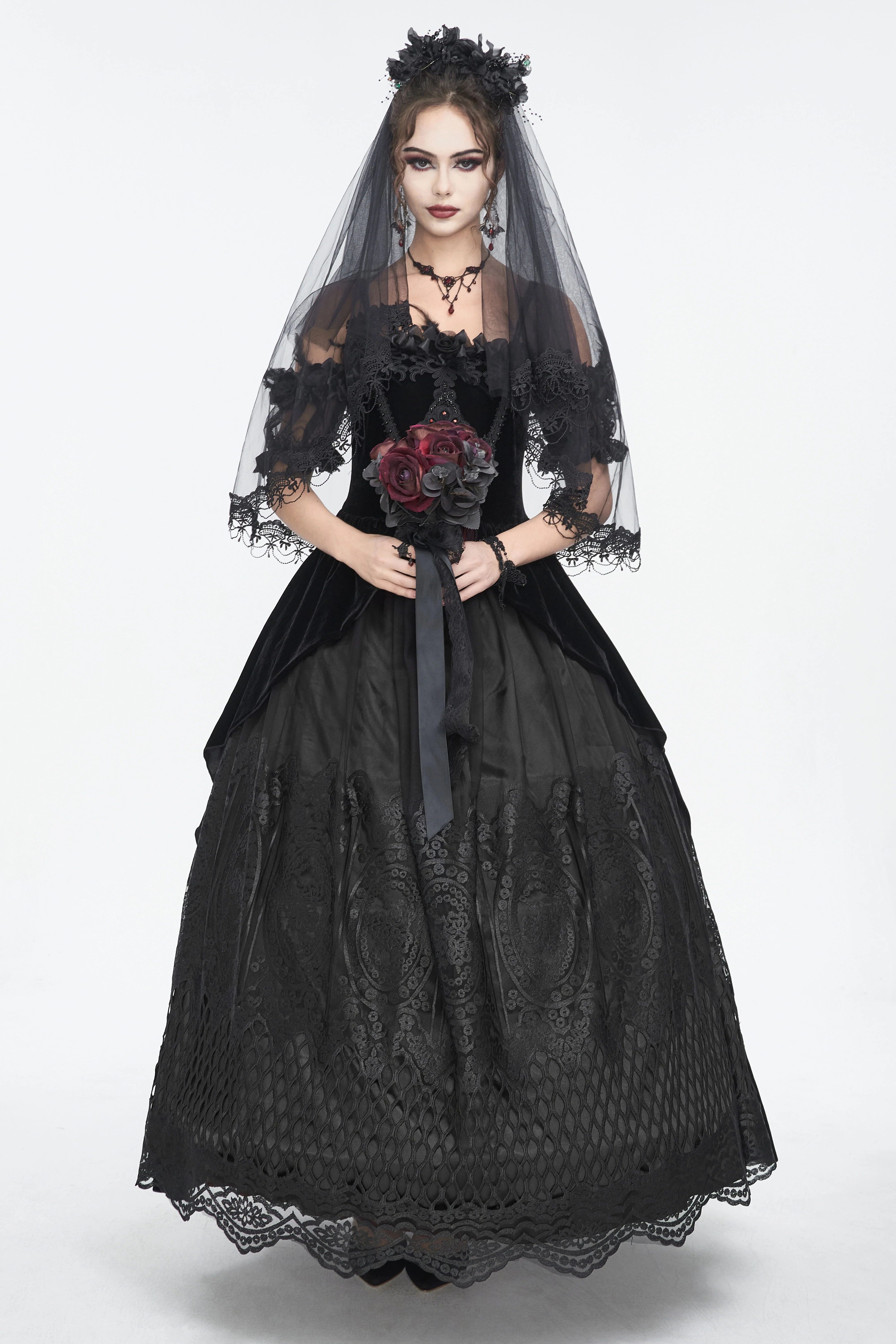 Veronica - Off-Shoulder Velvet & Lace Maxi Dress in Black - Image 3