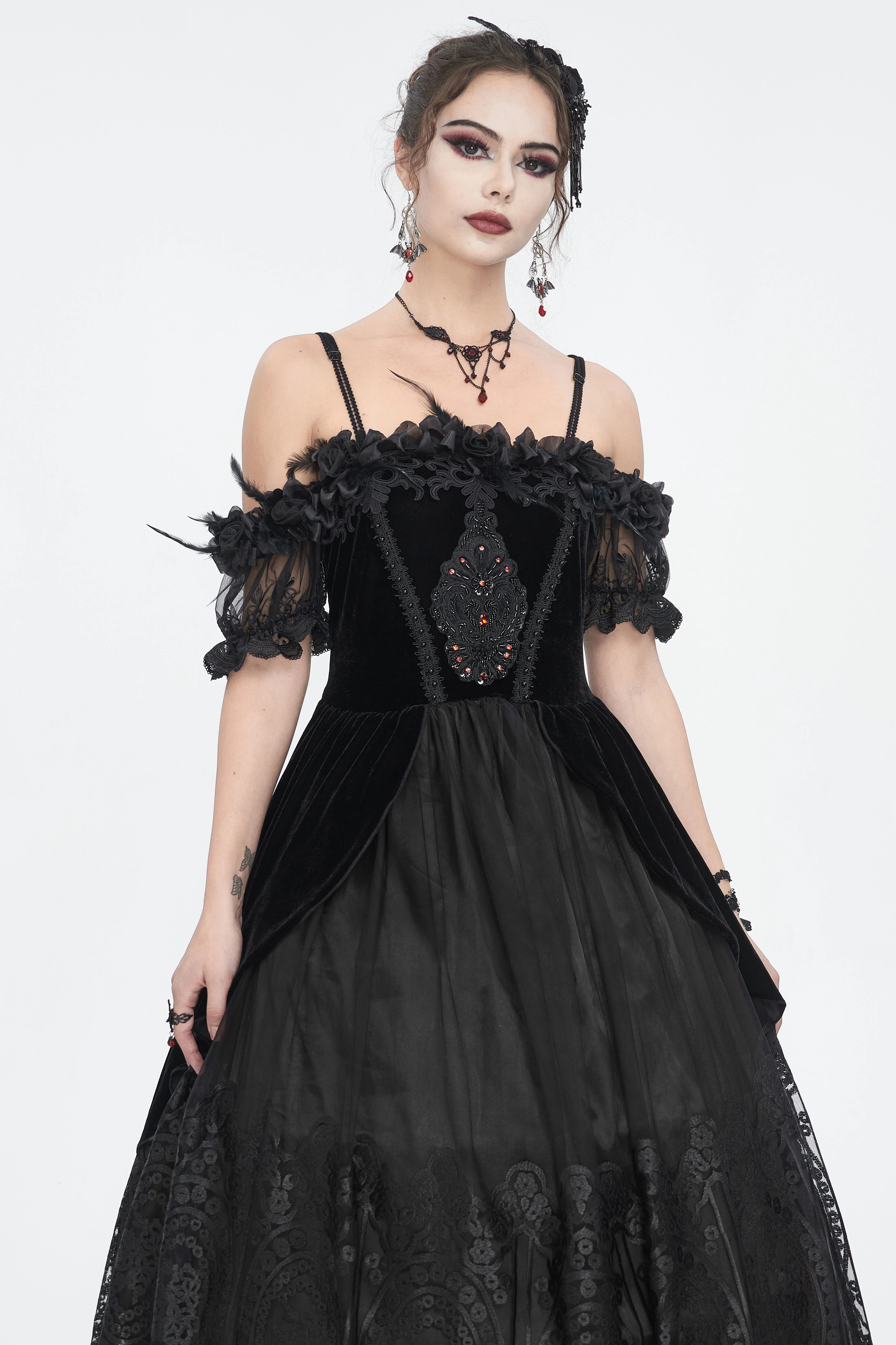 Veronica - Off-Shoulder Velvet & Lace Maxi Dress in Black - Image 5