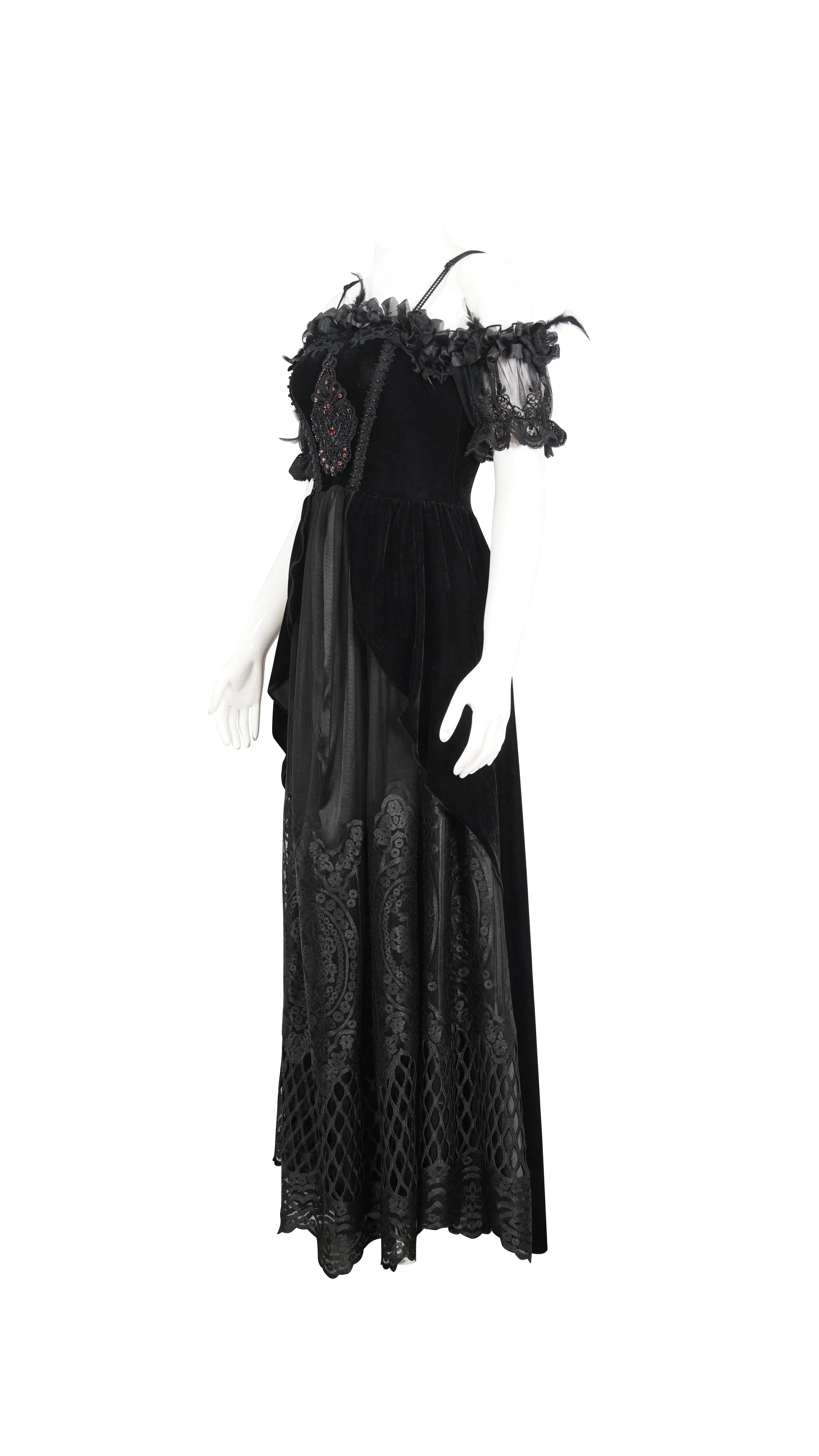 Veronica - Off-Shoulder Velvet & Lace Maxi Dress in Black - Image 7